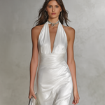 Women's Elegant White Satin Sleeveless Halter Neck Maxi Dress