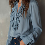 Dusty Blue Ruffle Front V-Neck Button Chiffon Blouse