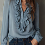 Dusty Blue Ruffle Front V-Neck Button Chiffon Blouse