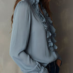 Dusty Blue Ruffle Front V-Neck Button Chiffon Blouse