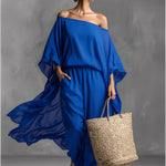 Women's Royal Blue Sheer Chiffon Jumpsuit With Off-the-Shoulder & Batwing Sleeves, Timeless Romantic-Boho Style Jumpsuit
