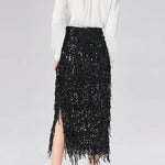Evening Charm Layered Sequined Tassels High Rise Back Zipper Slit Midi Skirt