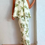 Off Shoulder Sleeveless Loose Top Wide Leg Pants Printed Holiday Set