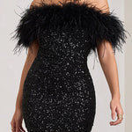 Margovil Off Shoulder Feather Trim Sequin Mini Party Dress