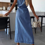 Margovil Sleeveless Button Down Tie Waist Pocketed Denim Midi Dress