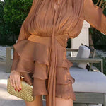 Margovil Lantern Long Sleeves Draped Ruffle Layered Mini Dress with Shorts