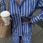 Margovil Striped Long Sleeves Curve Hem Shirt and High Rise Shorts Set