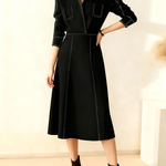 A-Line Elasticated Waist Contrast Color Line Split-Joint Lapel Midi Dresses