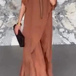 Solid Color Round Neck Irregular Loose Chiffon Top and Casual Wide-leg Pants Set