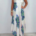 Satin Unique Print V-neck Suspender Midi Dress