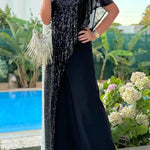 Party Favors Sequin One Shoulder Ruffle Detail Wide Leg Evening Jumpsuit