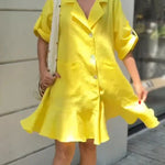 Solid Color Casual Lapel Pocket Ruffle Loose Mini Dress