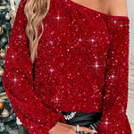 Fashionable Sequined Long-sleeved Off-neck Casual Top