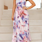 Margovil One Shoulder Sleeveless Cut Out Floral Print Pleated Maxi Dress