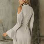 Semi-high Neck Off-the-shoulder Fringed Faux Suede Long-sleeved Mini Dress