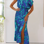 Off Shoulder Side Slit Floral Print Maxi Dress