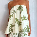 Off Shoulder Sleeveless Loose Top Wide Leg Pants Printed Holiday Set