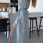 Margovil Sleeveless Button Down Tie Waist Pocketed Denim Midi Dress