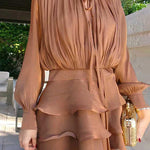 Margovil Lantern Long Sleeves Draped Ruffle Layered Mini Dress with Shorts