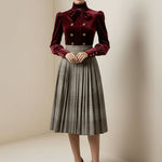 Long Sleeves Puff Sleeves Bow-Embellished Buttoned Contrast Color Pleated Split-Joint High Neck Blouses&Shirts Tops