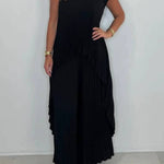 Round Neck Solid Sleeve Top Pleated Straight Pants Two-piece Set