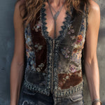 Vintage Boho Zip-Front Velvet Patchwork Floral Lace Vest