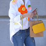 Flared Sleeves Long Sleeves Flower Print Split-Joint Tied Stand Collar Blouses&Shirts Tops