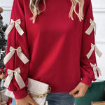 Fiery Red Sweet Bowknot Round Neck Sweatshirt