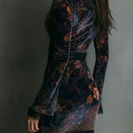 Boho Floral Print V-Neck Velvet Bodycon Mini Dress With Lace Trim