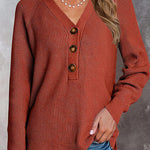 Half Button Raglan Sleeve V Neck Sweater