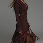 Bohemian Style Pleated Mesh Panel Midi Dress With Belt