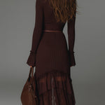 Bohemian Style Pleated Mesh Panel Midi Dress With Belt