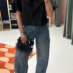 Fashionable Rhinestone Mid-rise Loose Pocket Straight Jeans