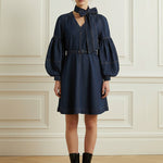 Long Sleeves Puff Sleeves Belted Bow-Embellished Solid Color V-Neck Mini Dresses