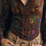 Chic Boho Floral Print Velvet Blouse With Ruffle Trim