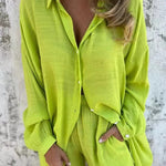 Solid Color Casual Lapel Long Shirt and Elastic Waist Loose Pocket Shorts Set