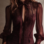 Retro Elegant Lace Stand-up Collar Tie Neck Chiffon Blouse