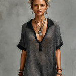 Women's Minimalist, Slightly Sheer, Knitted, Loose-fitting, Collared, Short-sleeved Maxi Dress