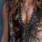 Vintage Boho Zip-Front Velvet Patchwork Floral Lace Vest
