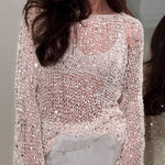 Sequin Embellished Openwork Crochet Flared Sleeve Blouse
