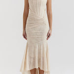 Margovil Sleeveless Ruched Waist Ruffle Hem Jacquard Maxi Dress