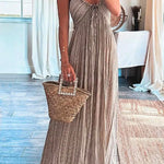 Margovil Halter Tie Knot Backless Ruched Swing Maxi Vacation Dress