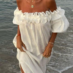 Margovil Off Shoulder Ruffle Trim Slit Cotton Linen Maxi Vacation Dress
