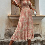 Off Shoulder Smocked Ruffle Tiered Printed Midi Dress