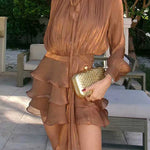 Margovil Lantern Long Sleeves Draped Ruffle Layered Mini Dress with Shorts