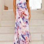 Margovil One Shoulder Sleeveless Cut Out Floral Print Pleated Maxi Dress