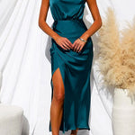 Margovil Turtleneck Sleeveless Waisted Slit Midi Satin Dress