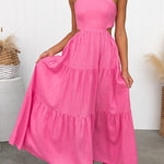 Halter-neck Open Back Tiered Maxi Vacation Dress