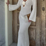 Margovil V Neck Long Sleeves Backless Crochet Hollow Out Knit Maxi Dress