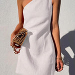 Margovil One Shoulder Solid Cotton Linen Mini Dress